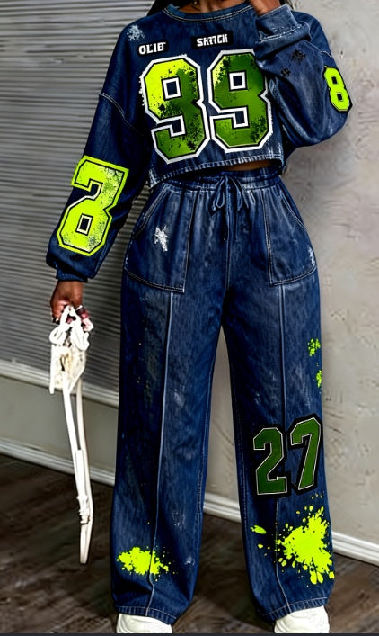 Streetwear Letter Print Women's Long Sleeve Cropped O-Neck Sweatshirt + Drawstring Pleated Sweatpants 2-Piece Set to 3X Plus Size