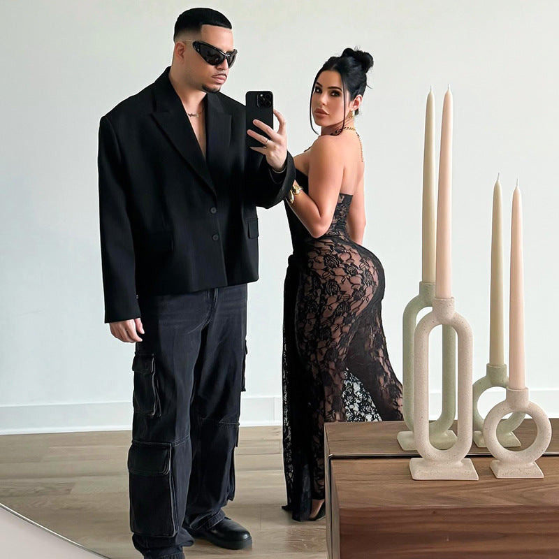 Black Lace Sheer Transparent Sleeveless Backless Formal Maxi Dress