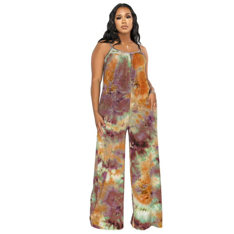 Tie-Dye Print Sleeveless Wide Leg Spaghetti Strap Women's Harem Jumpsuit to 5X Plus Size