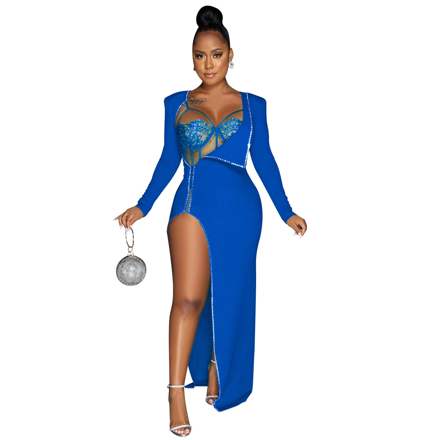 Irregular Rhinestone Cami Open Zipper Design Long Sleeve Solid Color Formal Maxi Party Dress