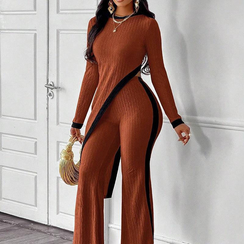 Striped Colorblock Women's Asymmetrical Hem Long Sleeve Top + Wide Leg Pants 2-Piece Set