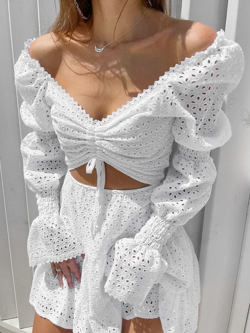 White Embroidered Hollow-Out Flared Long Sleeve Mini Dress
