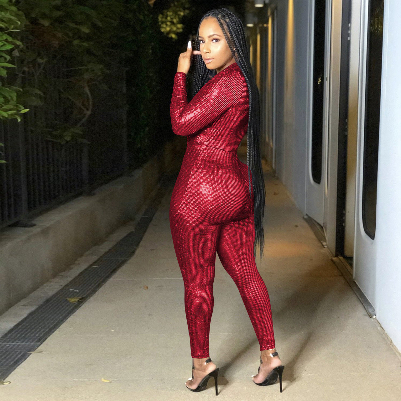Sparkling Deep V-Neck Solid Color Long Sleeve Bodycon Jumpsuit