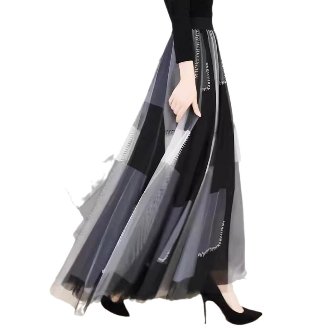 Oversized Mesh Sheer Plaid Colorblock Flared Maxi Big Swing Skirt