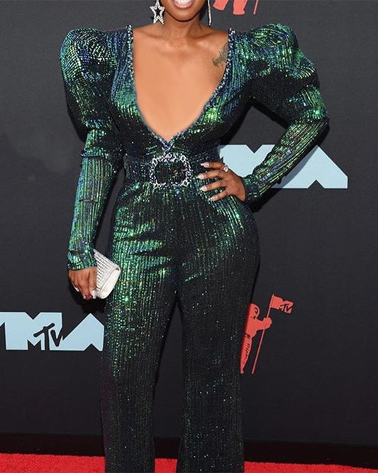 Satin Sparkling Sequin Lace Colorblock Balloon Sleeve Deep V-Neck Jumpsuit w/ Belt