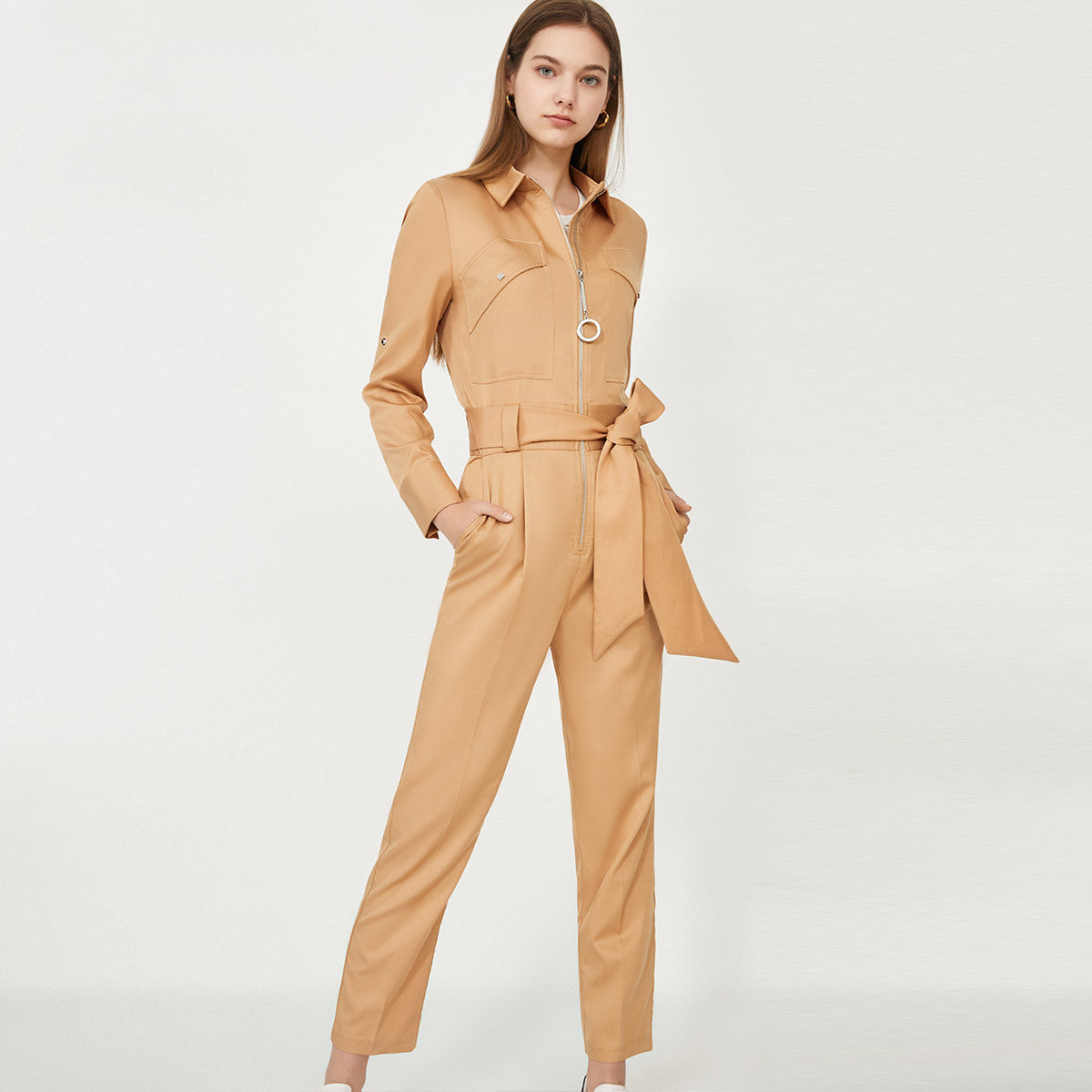 Rivet Turn-Down Collar Long Sleeve Skinny Solid Color Women's Zipper Jumpsuit w/ Sash Belt
