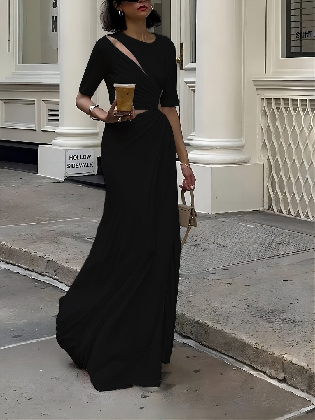 Hollow-Out Solid Color Short Sleeve Irregular Shoulder High Side Slit Maxi Party Dress