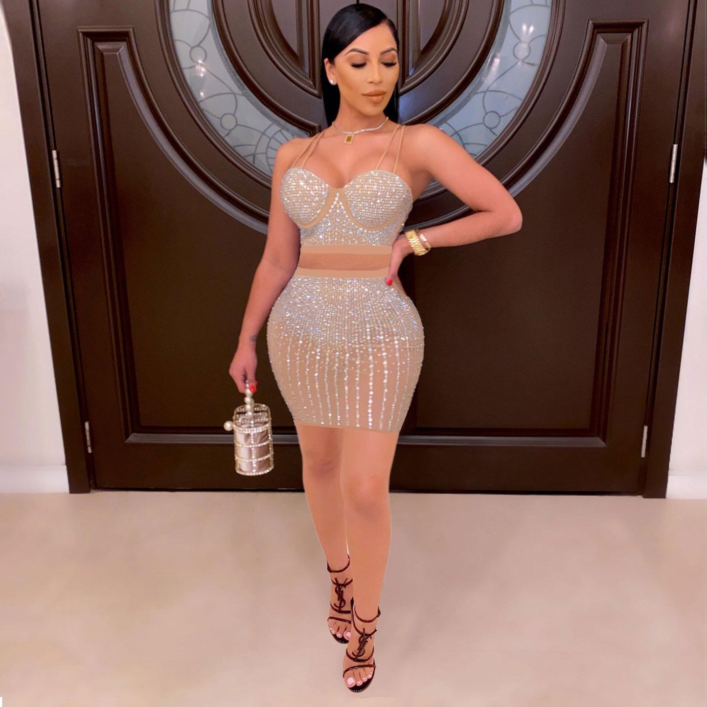 Diamond Encrusted Women's Crop Tank Top + Mini Skirt 2-Piece Set to 3X Plus Size