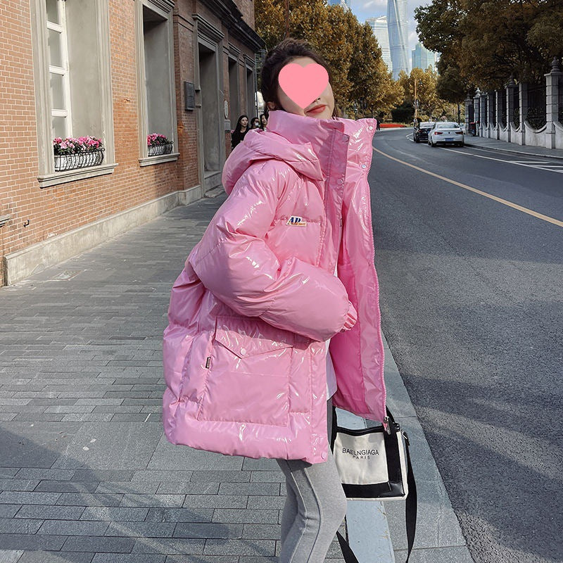 Pink Glossy Down Cotton-padded Jacket Women's Mid-length New