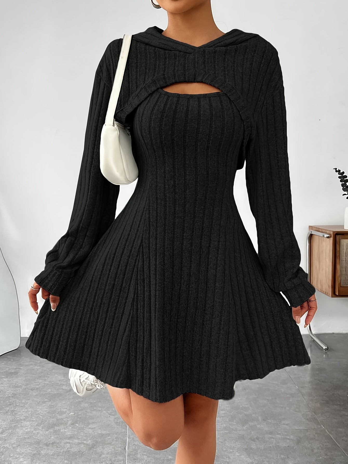 Cut-Out Ribbed Long Sleeve Solid Color Women's Hoodie Shrug Crop Top & Sleeveless Flared Square Neck A-Line Tank Dress 2-Piece Set
