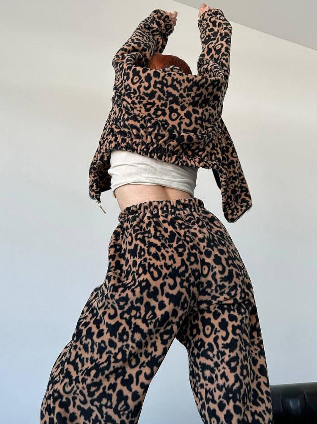 Leopard Print Long Sleeve Women's Zipper Sports Jacket + Matching Sweatpants Tracksuit Suit