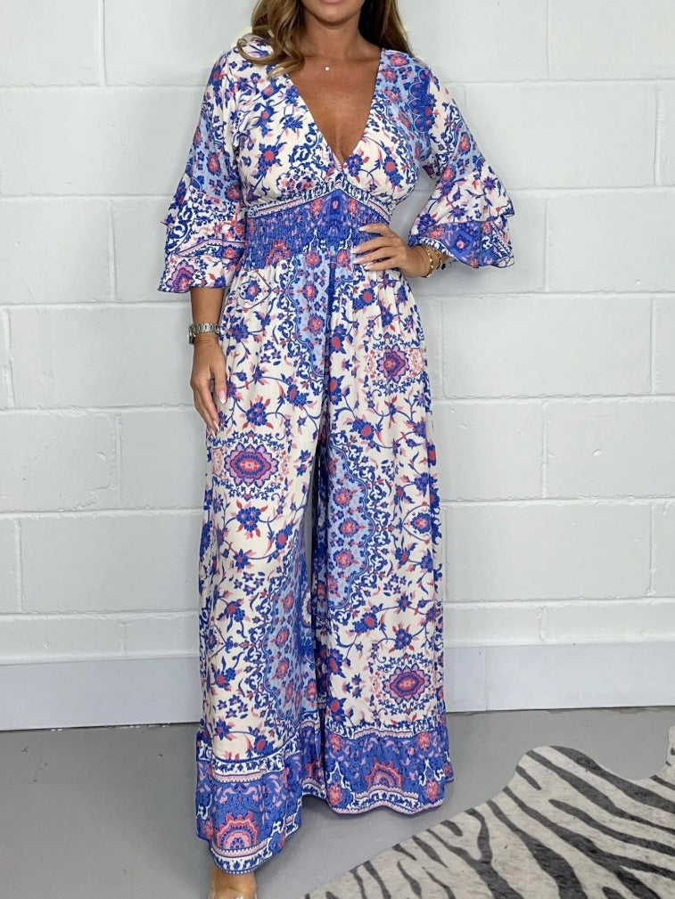 Floral Print Long Sleeve Bohemian Deep V-Neck Women's Wide Leg Jumpsuit to 3X Plus Size