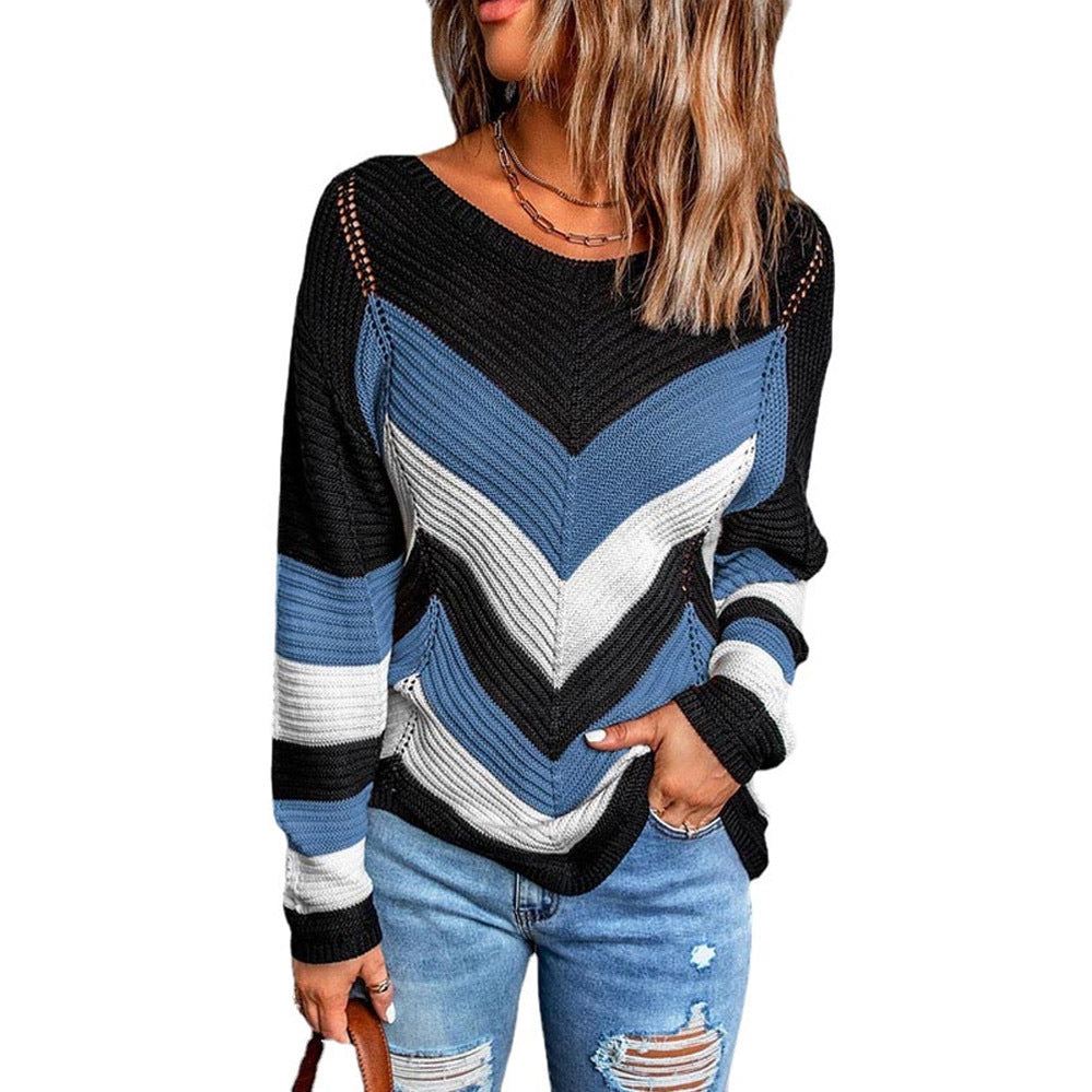 Diagnol Striped Colorblock Pattern Women's Knitted Long Sleeve Sweater to 3X Plus Size