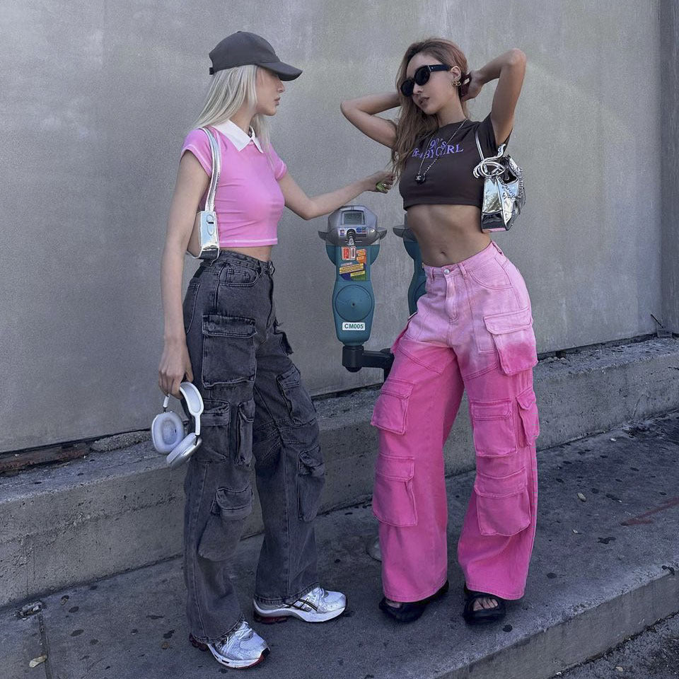 Denim Light Pink/Hot Pink 2-Tone Colorblock Women's Multi-Pocketed Wide Leg Cargo Jeans