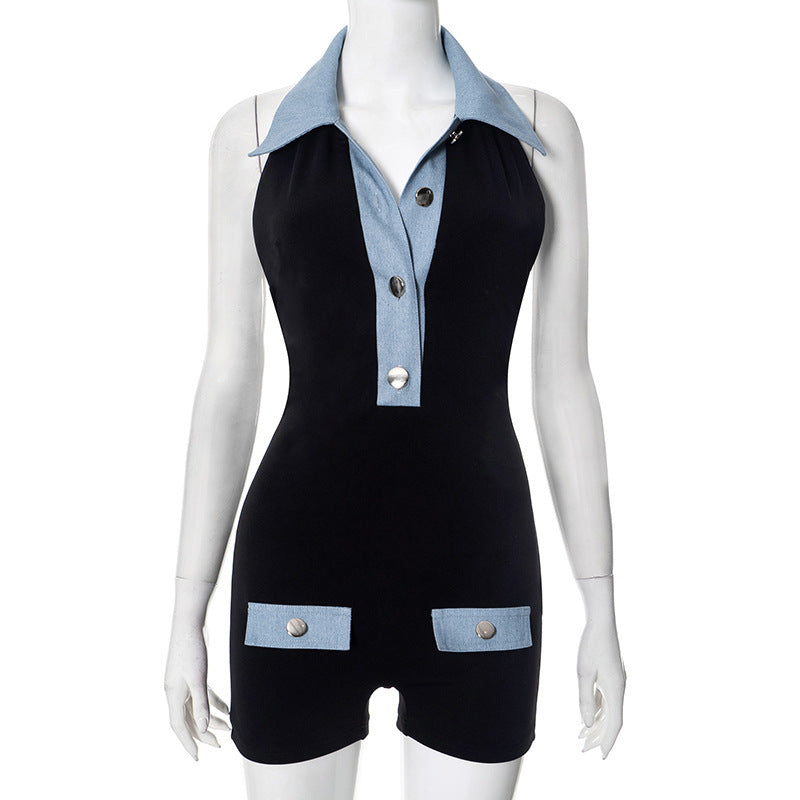 Black/Baby Blue Denim Clorblock Turn-Down Collar Women's One-Piece Shorts Romper