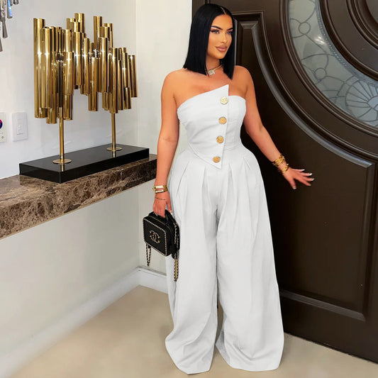 Tube Top Sleeveless Metal Button Design Women's Wide Leg Jumpsuit