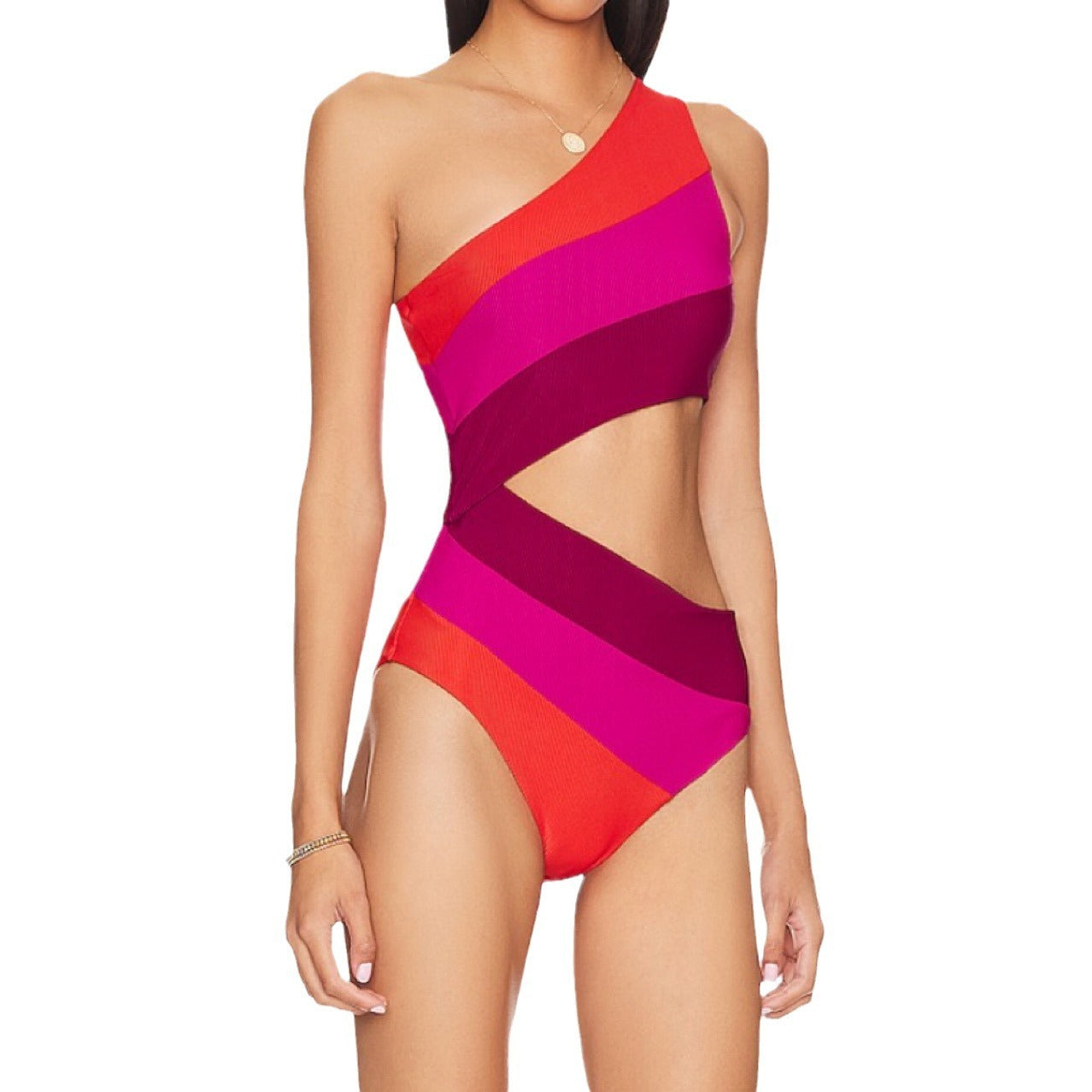 Colorblock Striped Asymmetrical Oblique One Shoulder Women's Hollow-Out One-Piece Swimsuit