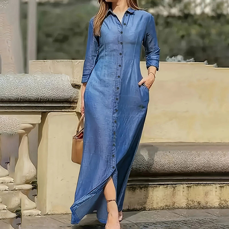 Denim Button-Up Long Sleeve Long Jean Pocket Dress to 5X Plus Size