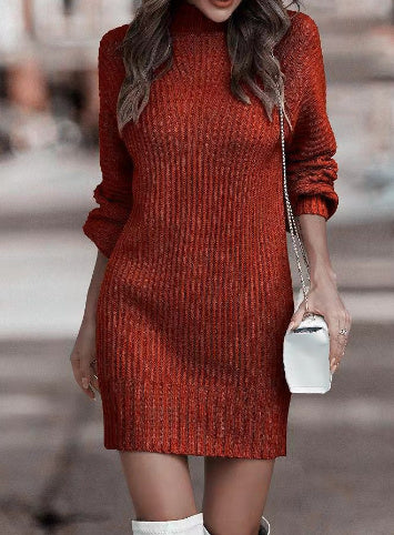 Ribbed Turtleneck Long Sleeve Solid Color Mini Sweater Dress