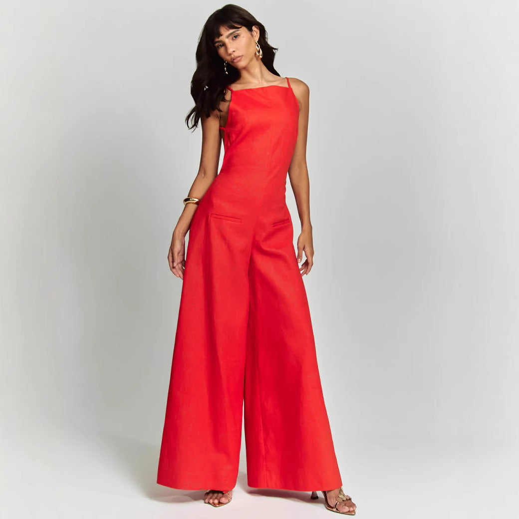 Wide Leg Solid Color Backless Suspender Sleeveless Wide Leg Women's Jumpsuit