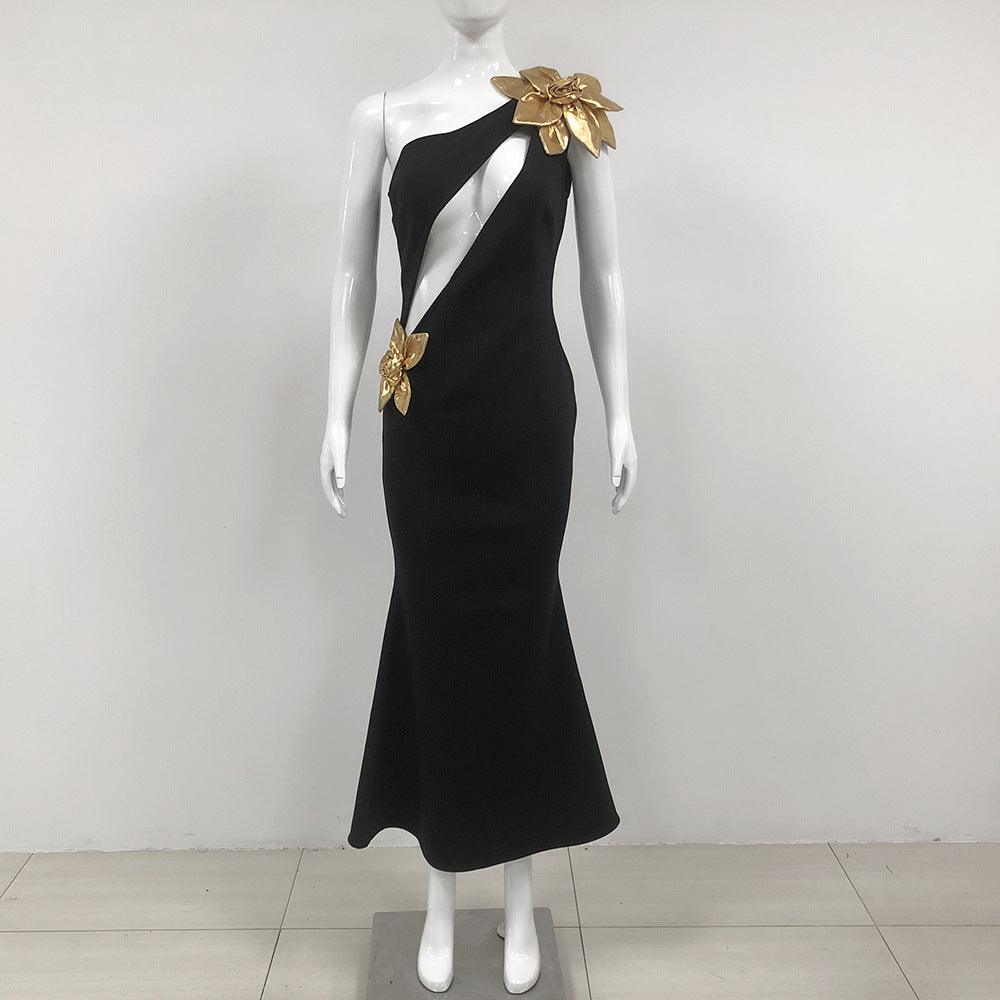 Black One Shoulder Asymmetrical Bandage Gold Flower Detail Sleeveless Formal Maxi Dress