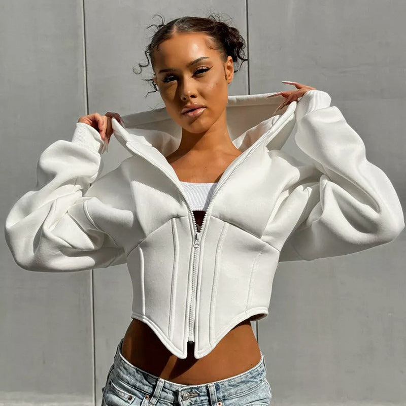 Corset Design Streetwear Long Sleeve Women's Zipper Hip-Hop Hoodie Jacket