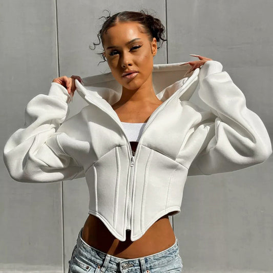 Corset Design Streetwear Long Sleeve Women's Zipper Hip-Hop Hoodie Jacket
