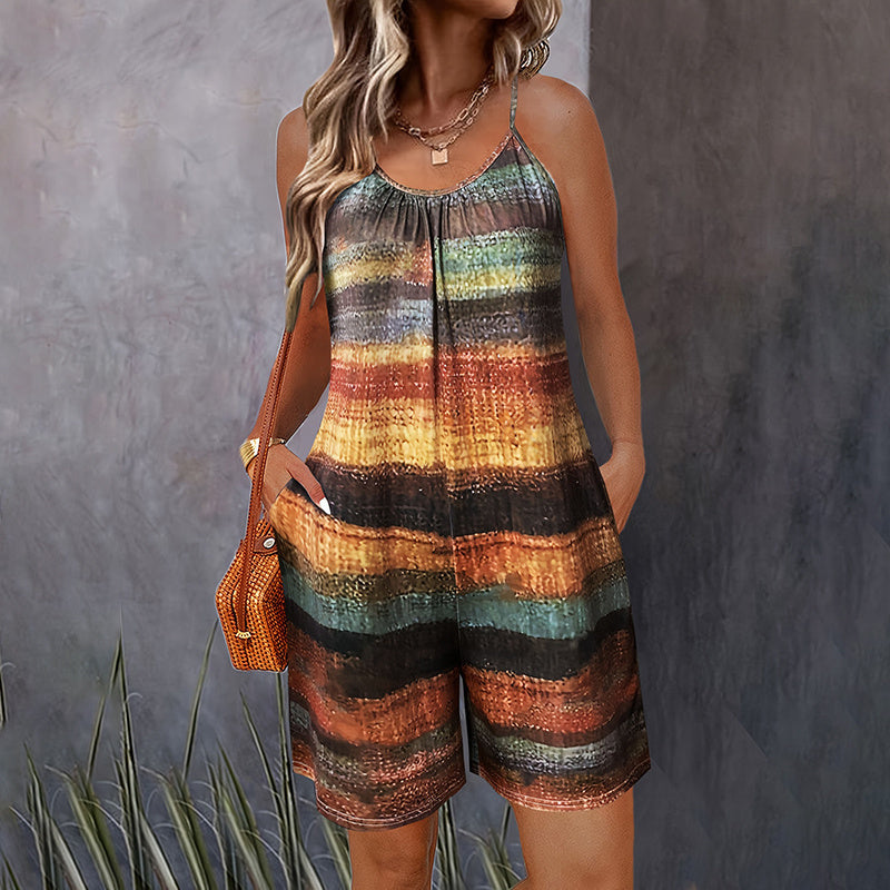 Sleeveless Tie-Dye Striped Colorblock Print Sleeveless Loose Spaghetti Strap Pocketed Shorts Romper