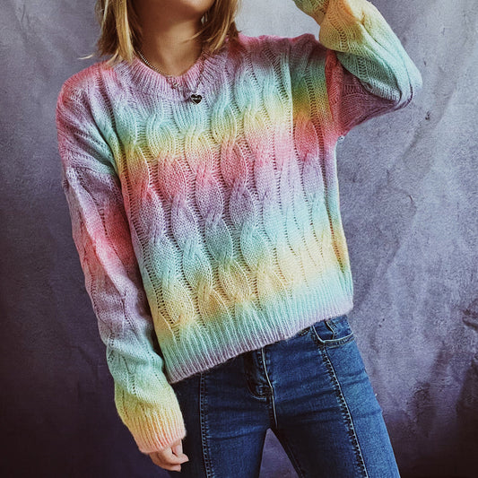 Rainbow Striped O-Neck Weave Pattern Knitted Women's Long Sleeve Sweater