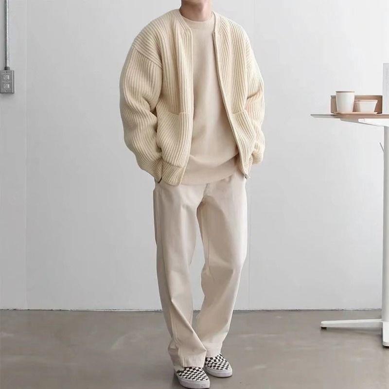 Men's Knitted Lined Funnel Neck Pocketed Zipper Cardigan Sweater Jacket