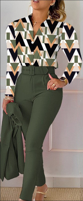 Floral/Geometric/Baroque/Colorblock Gradient Print Long Sleeve Blouse + Solid Color Pants w/ Belt 2-Piece Office Attire Set