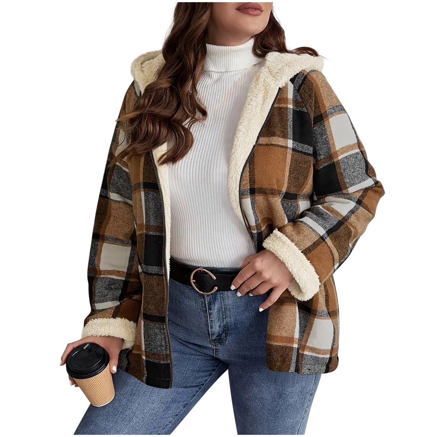 Plaid Print Fleece Lined Thick Women's Hoodie Jacket