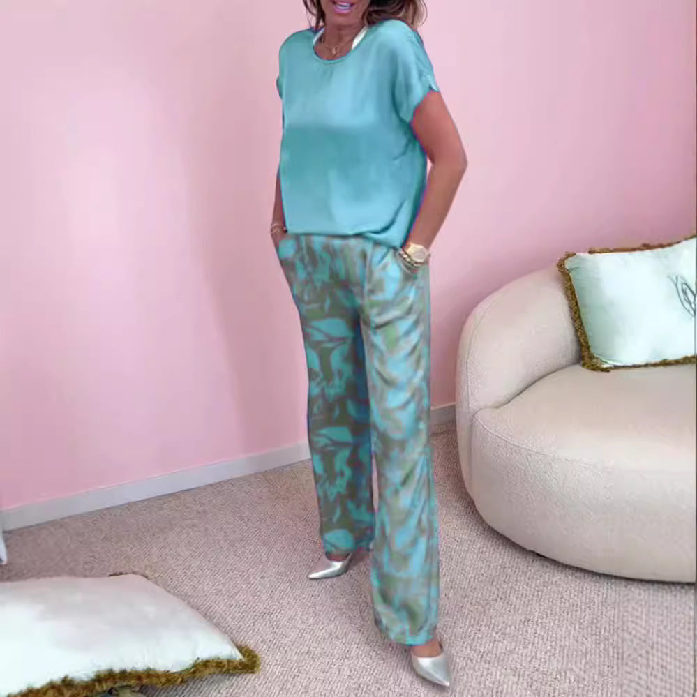 O-Neck Short Sleeve Women's Solid Color T-Shirt + Tie-Dye Trouser Pants 2-Piece Set