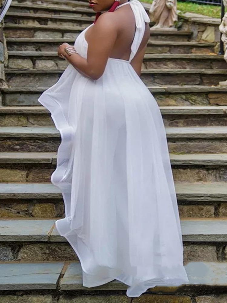 White Ruffled Sleeveless Oversized Women's Temperament Party Maxi Blouse