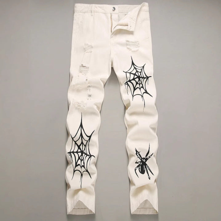 Men's Ruched Spider Web Print Hip-Hop Straight Leg Skinny Jeans