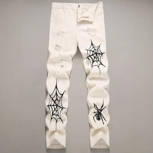 Men's Ruched Spider Web Print Hip-Hop Straight Leg Skinny Jeans