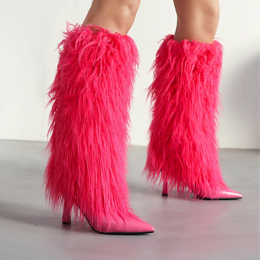 Shaggy Faux Fur Streetwear Tassel Fringe Pattern Stiletto Heel Women's Knee-High Boots
