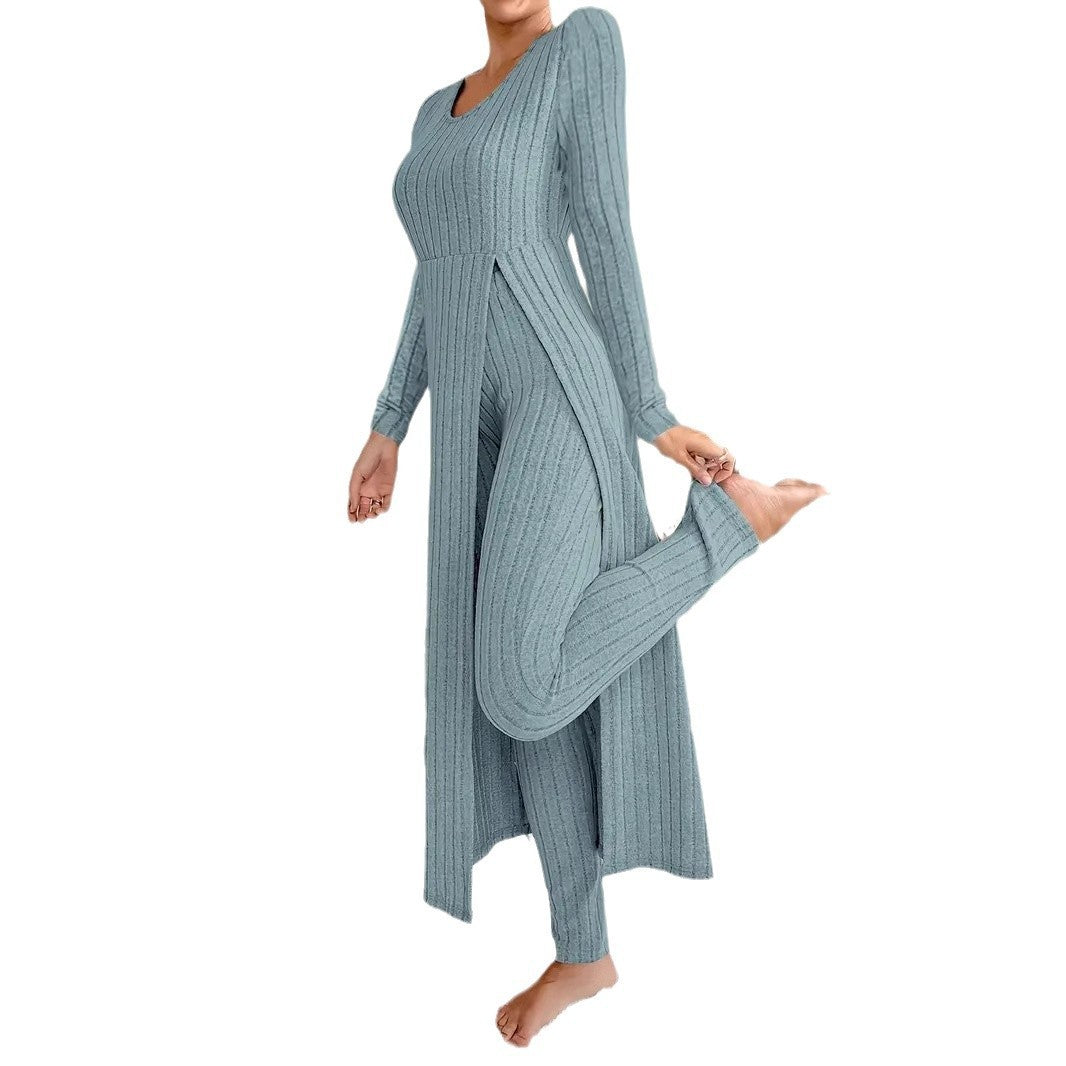 Ribbed O-Neck Split Long Sleeve Maxi Shirt + Leggings Women's Two-Piece Set