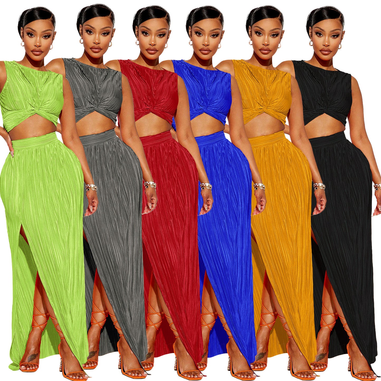 Sleeveless Ribbed Ruched Criss-Cross Hem Crop Top + High Slit Maxi Skirt Women's Solid Color 2-Piece Set