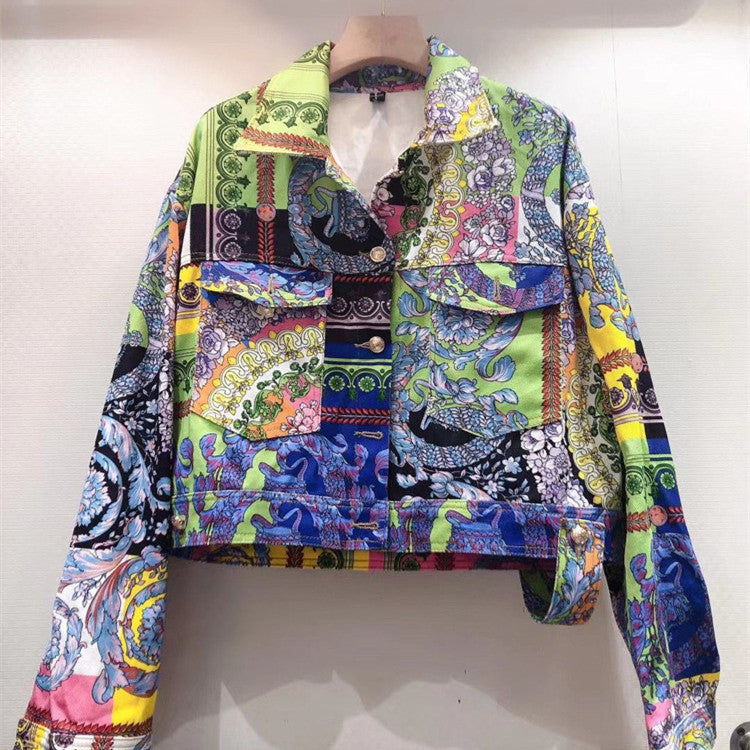 Denim Abstract Floral Baroque Print Women's Long Sleeve Turn-Down Collar Jean Jacket