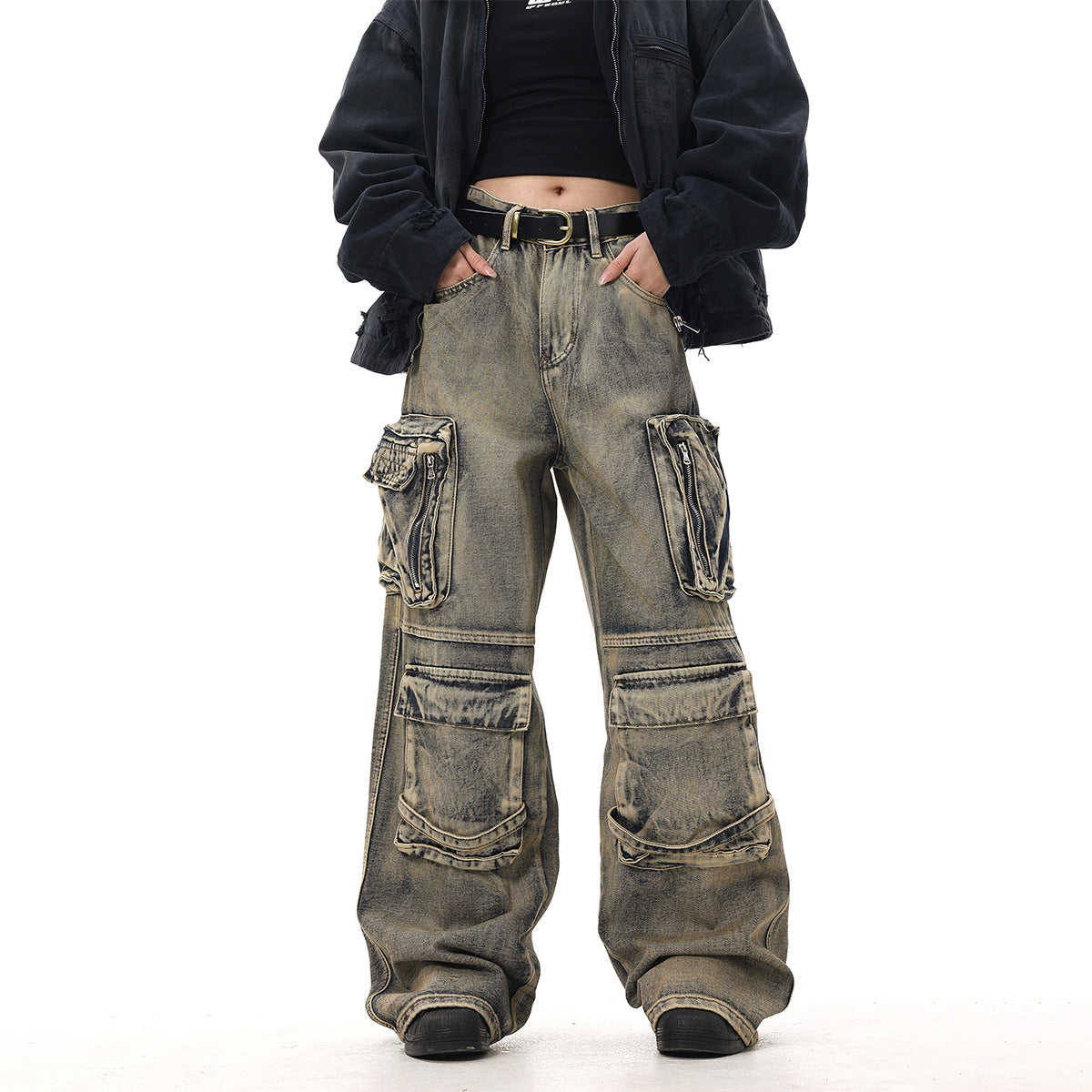Men's Faded Washed Hip-Hop Multi-Pocketed Loose Wide Leg Cargo Jeans