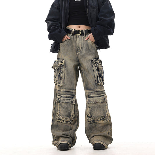 Men's Faded Washed Hip-Hop Multi-Pocketed Loose Wide Leg Cargo Jeans