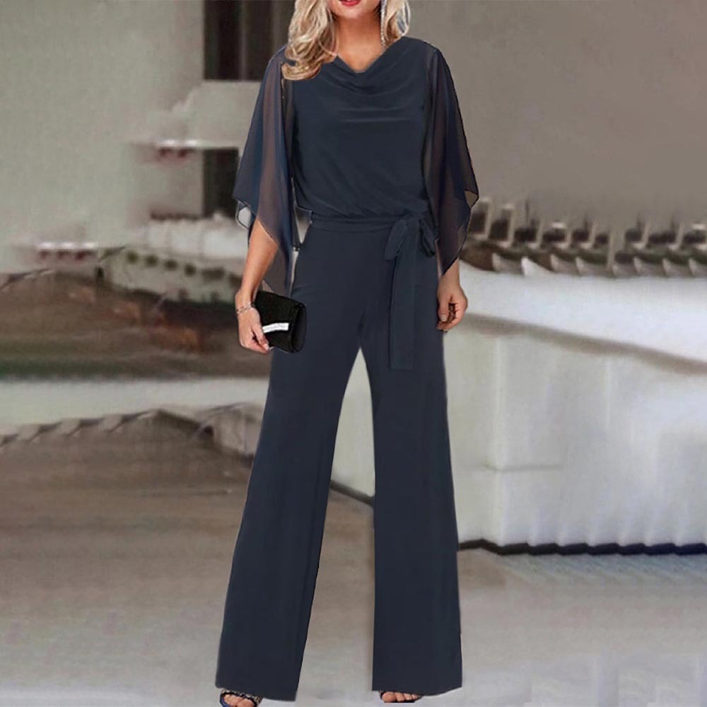 Sheer Long Sleeve Solid Color Women's High Waist Lace-Up Wide Leg Pants Jumpsuit to 3X Plus Size