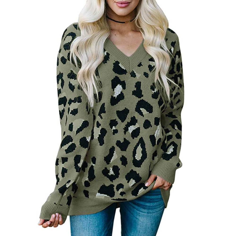 Leopard Jacquard Print V-Neck Women's Long Sleeve Sweater
