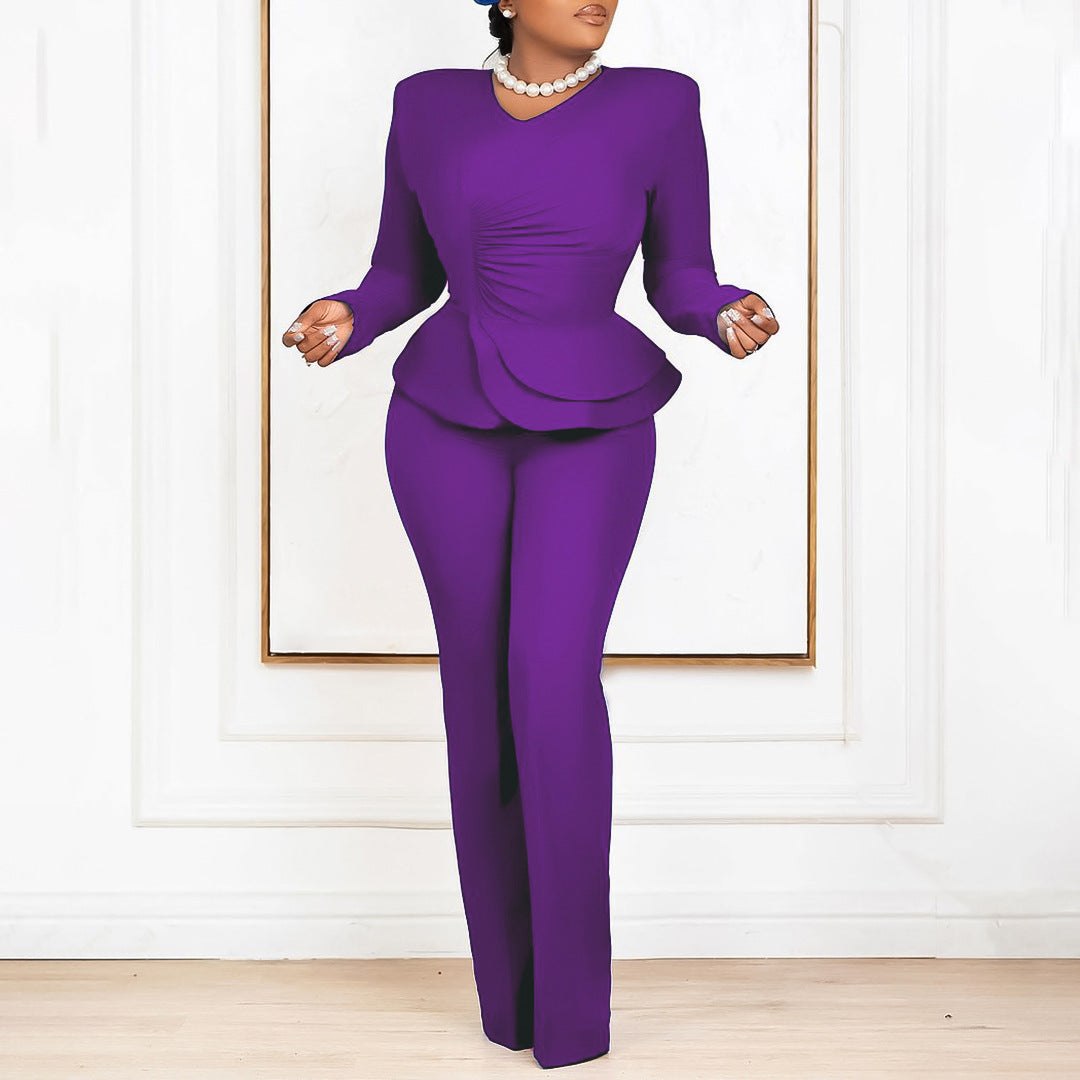 Fashion OL Ruffled V-neck Top Pants European And American Two-piece Set