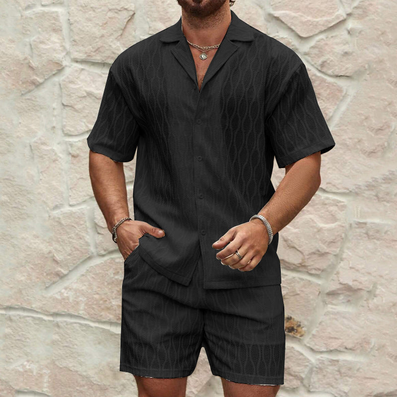 Men's Turn-Down Collar Short Sleeve Solid Color Shirt + Matching Shorts Two-Piece Set