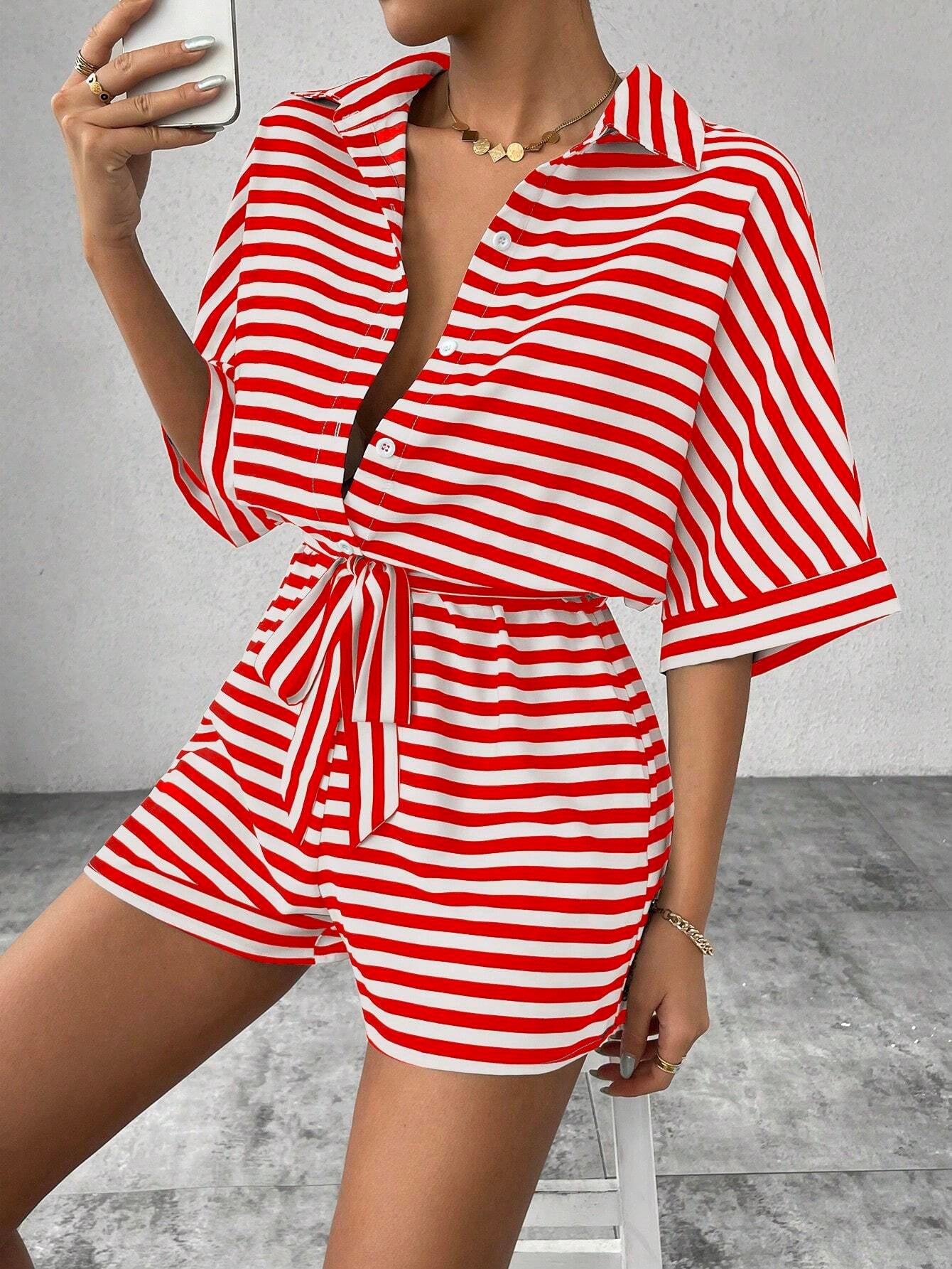 Striped Turn-Down Collar Button 1/2 Sleeve Sash Belted Women's Shorts Romper