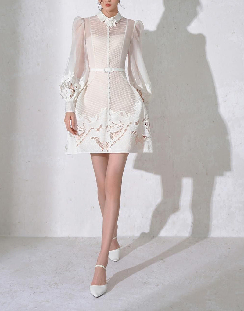 White Transparent Crochet Floral Pattern Patchwork Turn-Down Collar Pleated Long Puff Sleeve Midi Dress