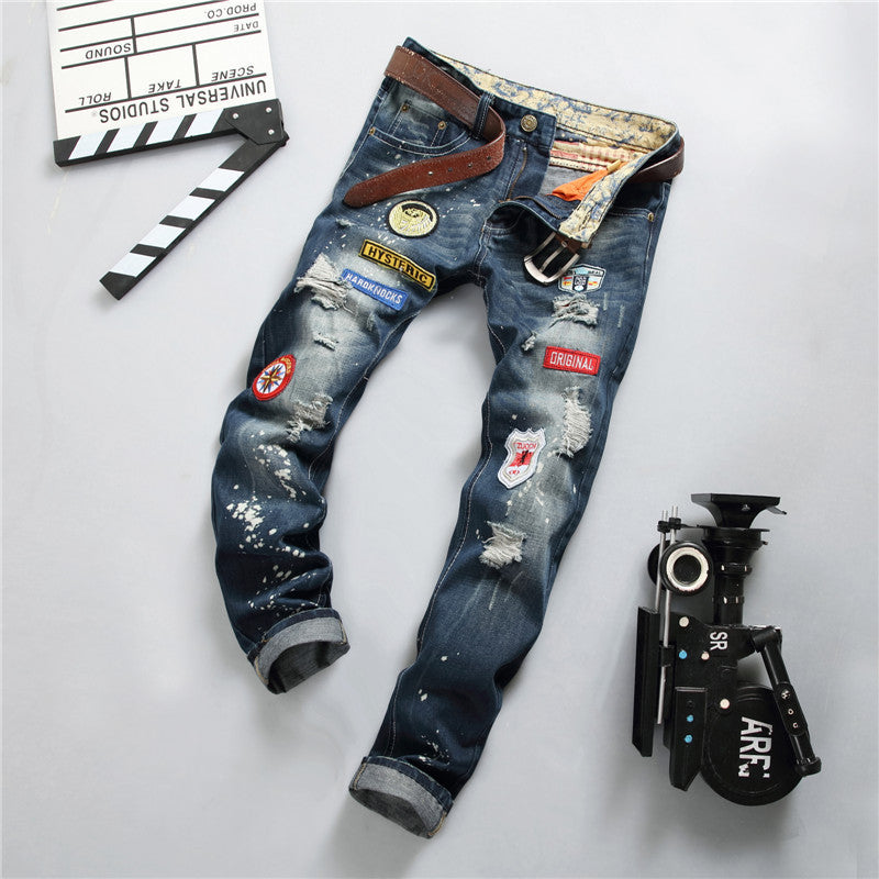 Men's Denim Patchwork Splash Ink Design Hip-Hop Ripped Skinny Jeans
