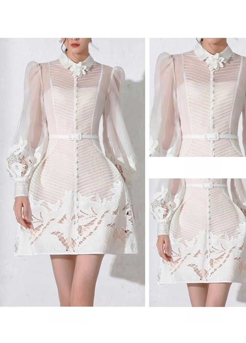 White Transparent Crochet Floral Pattern Patchwork Turn-Down Collar Pleated Long Puff Sleeve Midi Dress